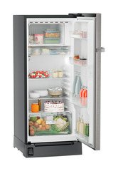 Product image, Perspective: oblique open decorated, Single-door refrigerator 202 l with foot pedal base drawer and iCoolTouch UI, Casing colour: grey, Door colour: Stainless Steel