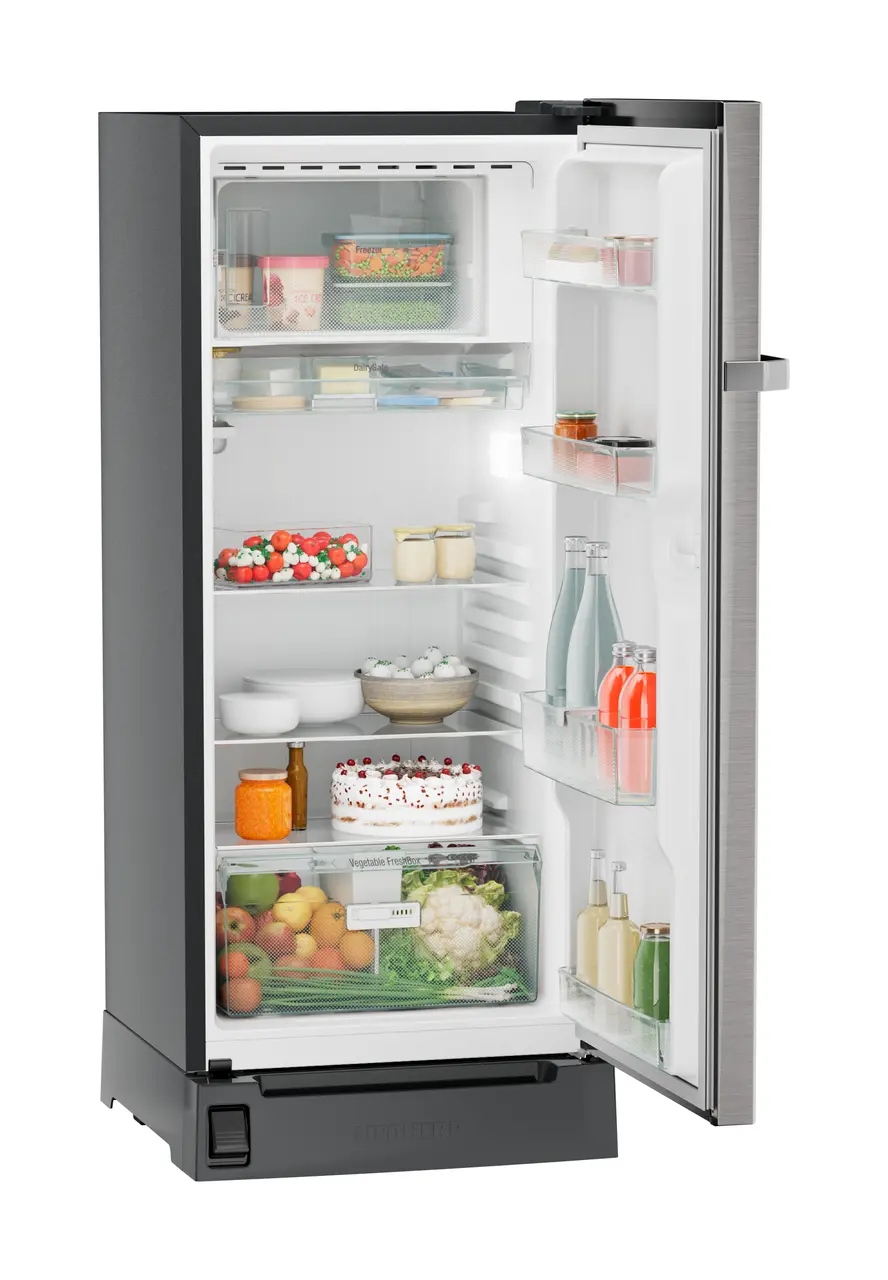Product image, Perspective: oblique open decorated, Single-door refrigerator 202 l with foot pedal base drawer and iCoolTouch UI, Casing colour: grey, Door colour: Stainless Steel