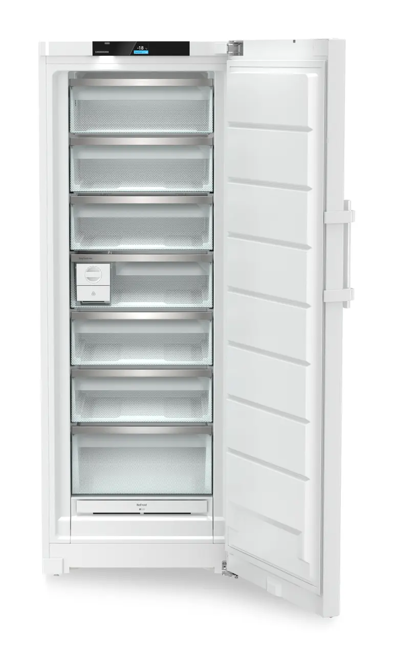 Изображение продукции, Перспектива: Прямо, с открытой дверцей, без продуктов, Отдельно стоящая морозильная камера с системами NoFrost и EasyTwist-Ice., Цвет корпуса: белый, Цвет дверцы: белый