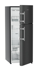 Product image, Perspective: oblique half-open empty, Fridge-freezer with NoFrost, Casing colour: grey, Door colour: BlackSteel