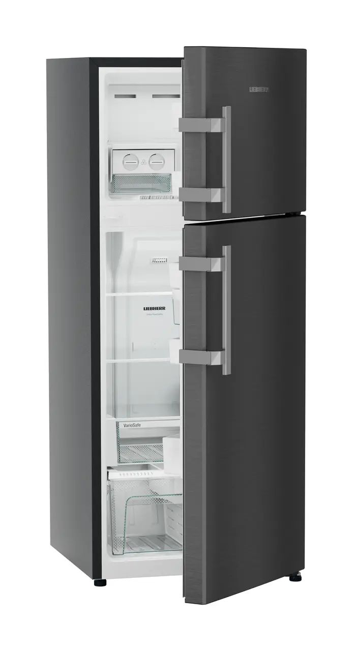 Product image, Perspective: oblique half-open empty, Fridge-freezer with NoFrost, Casing colour: grey, Door colour: BlackSteel