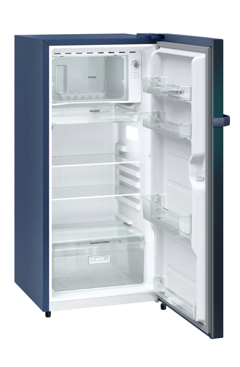 Product image, Perspective: oblique open empty, Single-door refrigerator 191 l in 2 Star and with horizontal handle, Casing colour: blue, Door colour: Blue Wonder