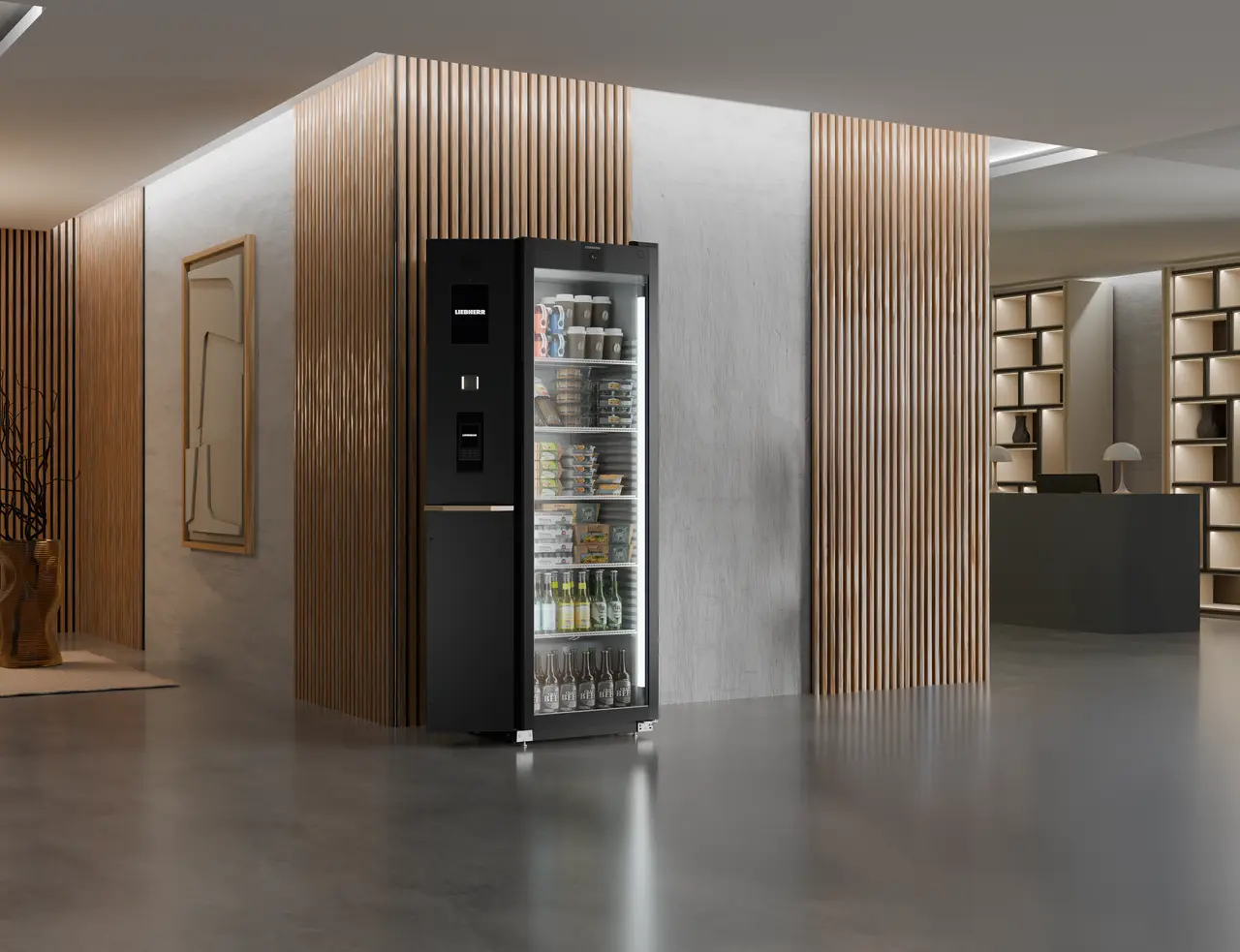 Produkt-Bild, Perspektive: Milieu, Kühlgerät mit Umluftkühlung, Gehäusefarbe: Schwarz, Türfarbe: Schwarz