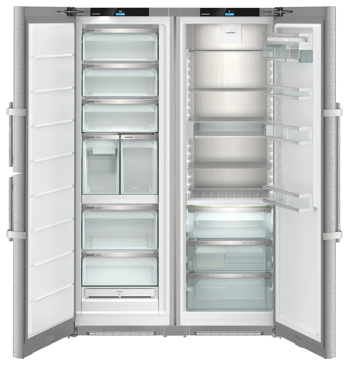 Product image, Perspective: straight open empty, Side-by-Side combination, Casing colour: silver, Door colour: stainless steel