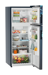 Product image, Perspective: oblique open decorated, Fridge-freezer with NoFrost, Casing colour: blue, Door colour: Blue Divine