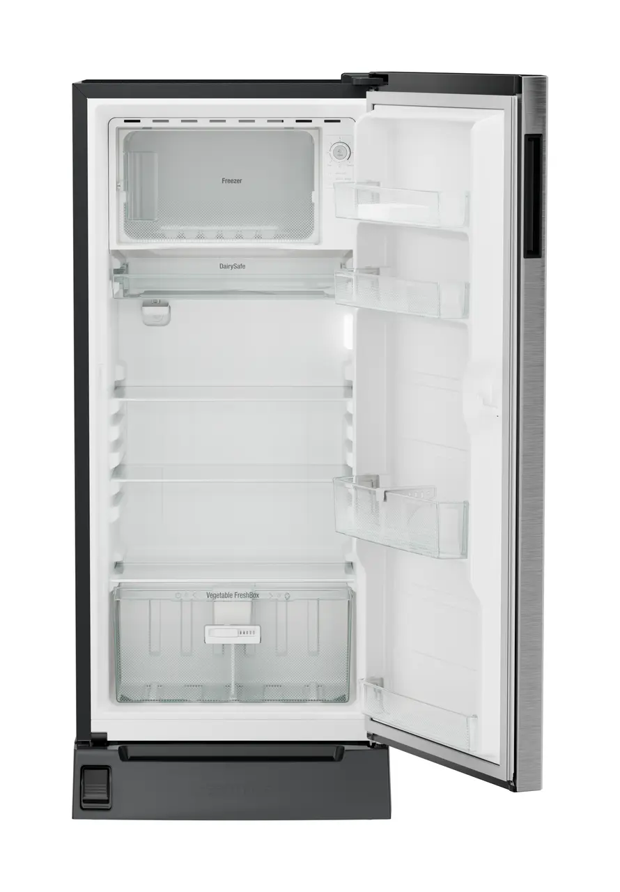Product image, Perspective: straight open empty, Single-door refrigerator 191 l in 3 star with foot pedal base drawer, Casing colour: grey, Door colour: Silver Steel