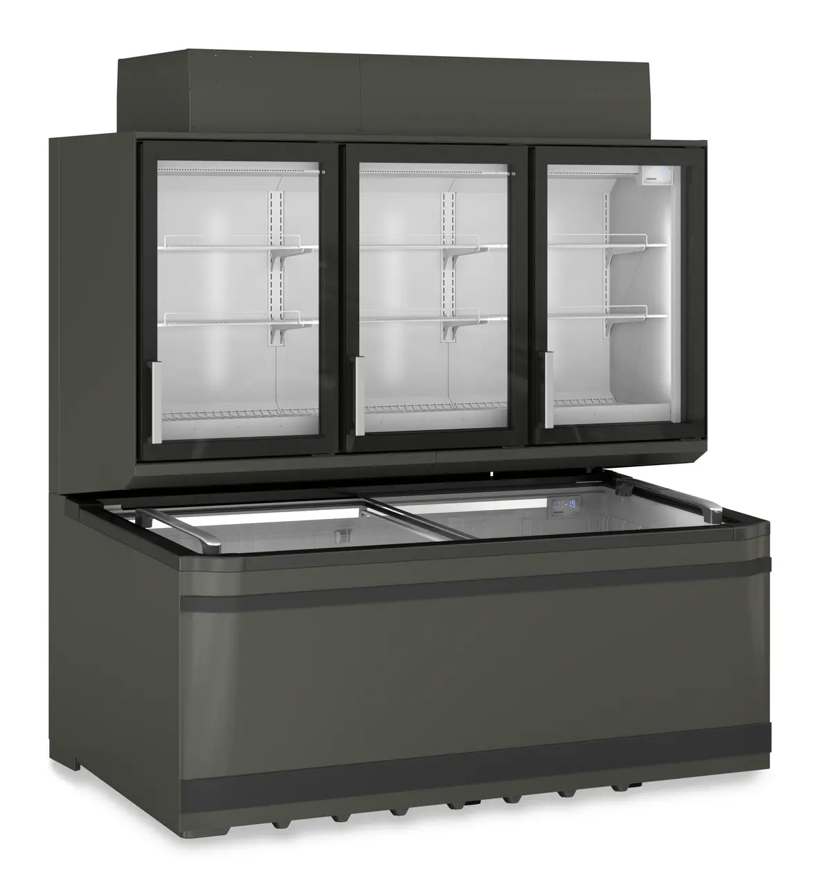 Produkt-Bild, Perspektive: schräg geschlossen leer, Supermarkt-Freezer-Top, Gehäusefarbe: Grau