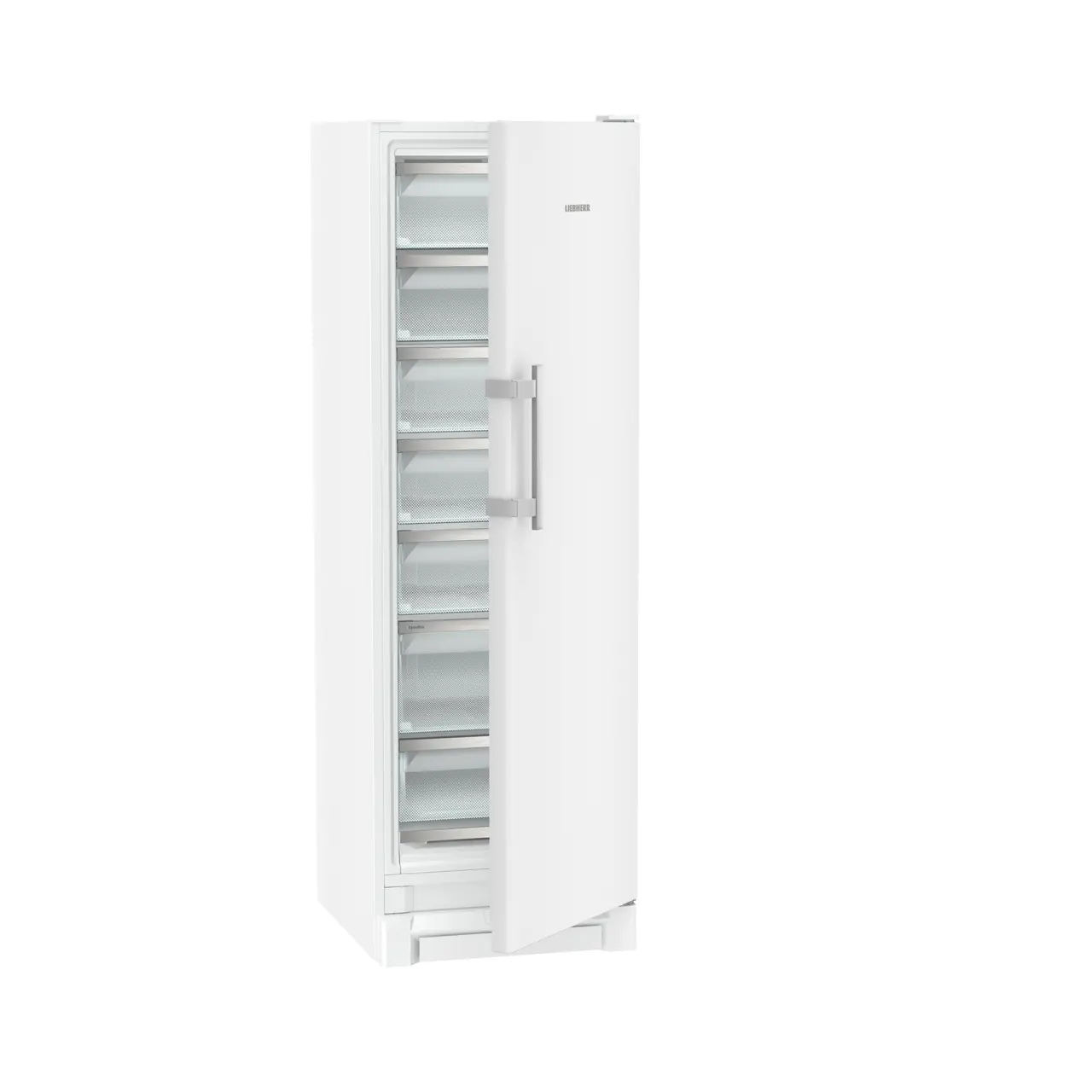 Product image, Perspective: oblique half-open empty, Freestanding freezer with BluRoX technology and NoFrost, Casing colour: white, Door colour: white