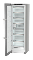 Product image, Perspective: oblique open empty, Freestanding freezer with NoFrost and EasyTwist-Ice, Casing colour: silver, Door colour: stainless steel