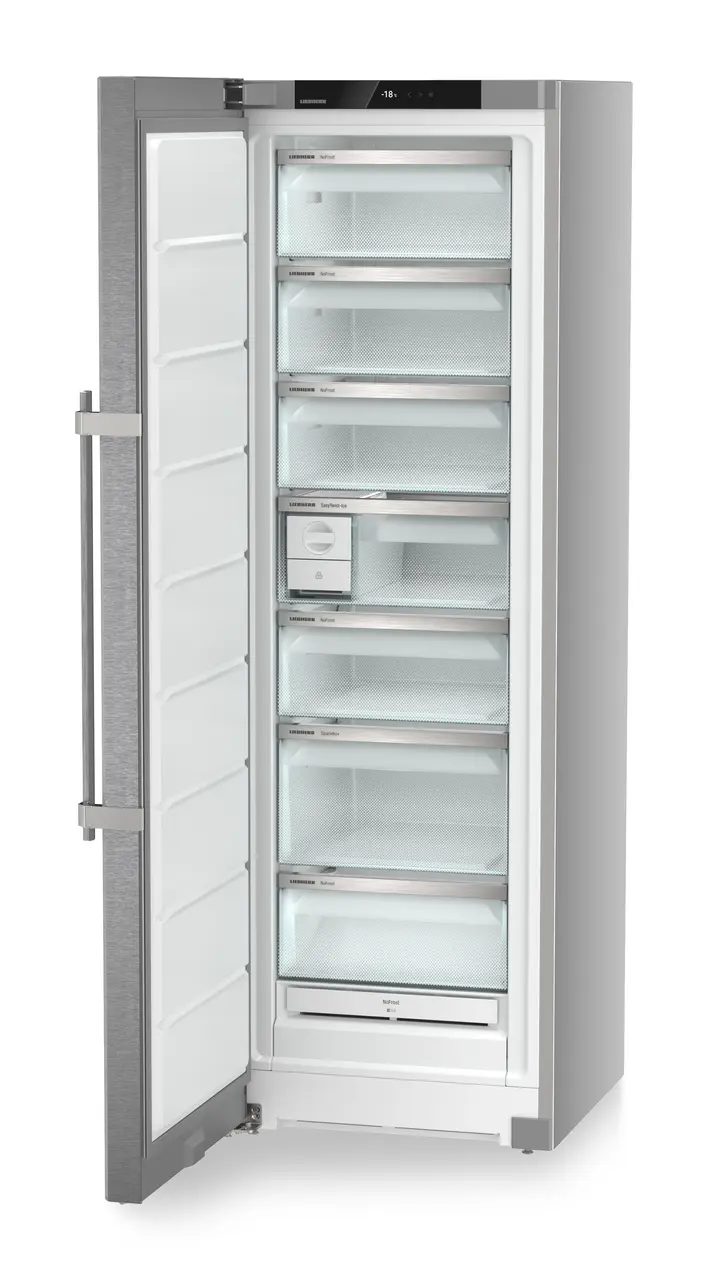 Product image, Perspective: oblique open empty, Freestanding freezer with NoFrost and EasyTwist-Ice, Casing colour: silver, Door colour: stainless steel