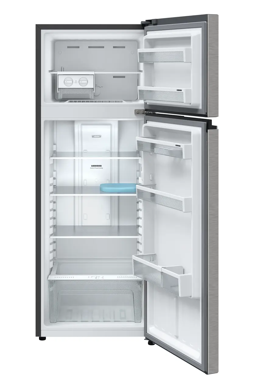 Product image, Perspective: straight open empty, Fridge-freezer with NoFrost, Casing colour: grey, Door colour: Silver Steel