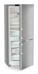 Product image, Perspective: oblique half-open empty, Fridge-freezer with BioFresh and NoFrost, Casing colour: silver, Door colour: stainless steel