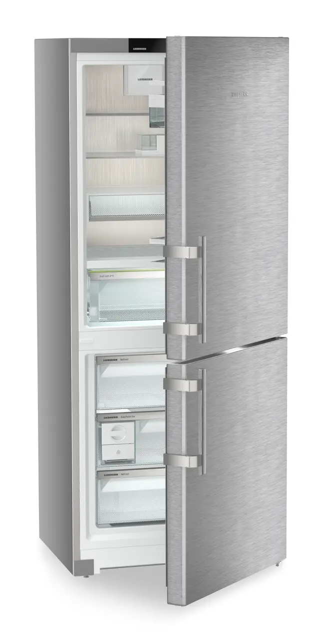 Product image, Perspective: oblique half-open empty, Fridge-freezer with BioFresh and NoFrost, Casing colour: silver, Door colour: stainless steel