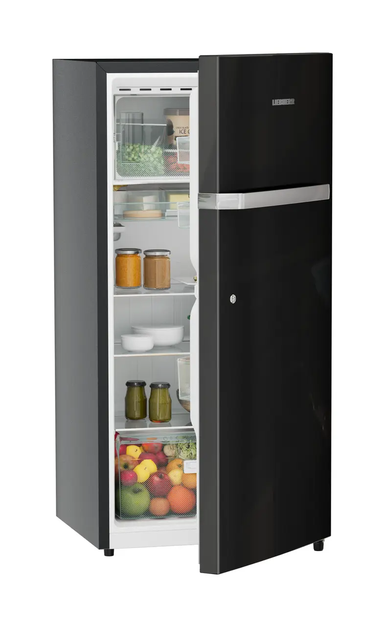 Product image, Perspective: oblique half-open decorated, Single-door refrigerator 191 l in 3 star and horizontal handle, Casing colour: grey, Door colour: Black Gloss