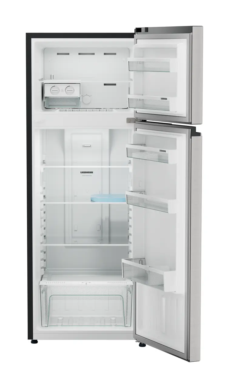 Product image, Perspective: straight open empty, Fridge-freezer with NoFrost, Casing colour: grey, Door colour: Stainless Steel