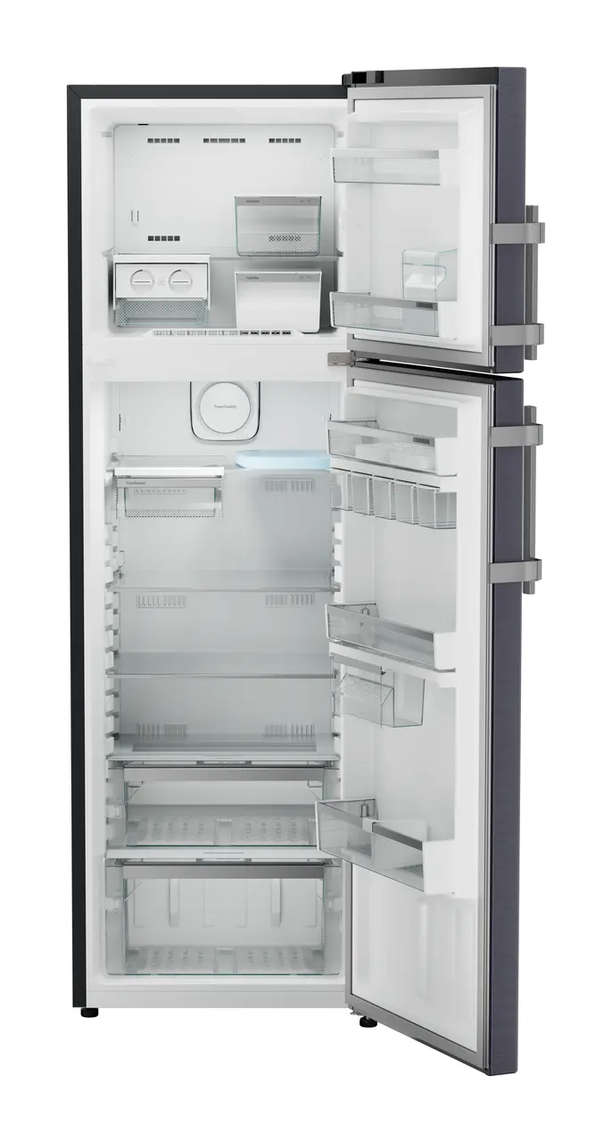 Product image, Perspective: straight open empty, Fridge-freezer with NoFrost, Casing colour: grey, Door colour: Cobalt Steel