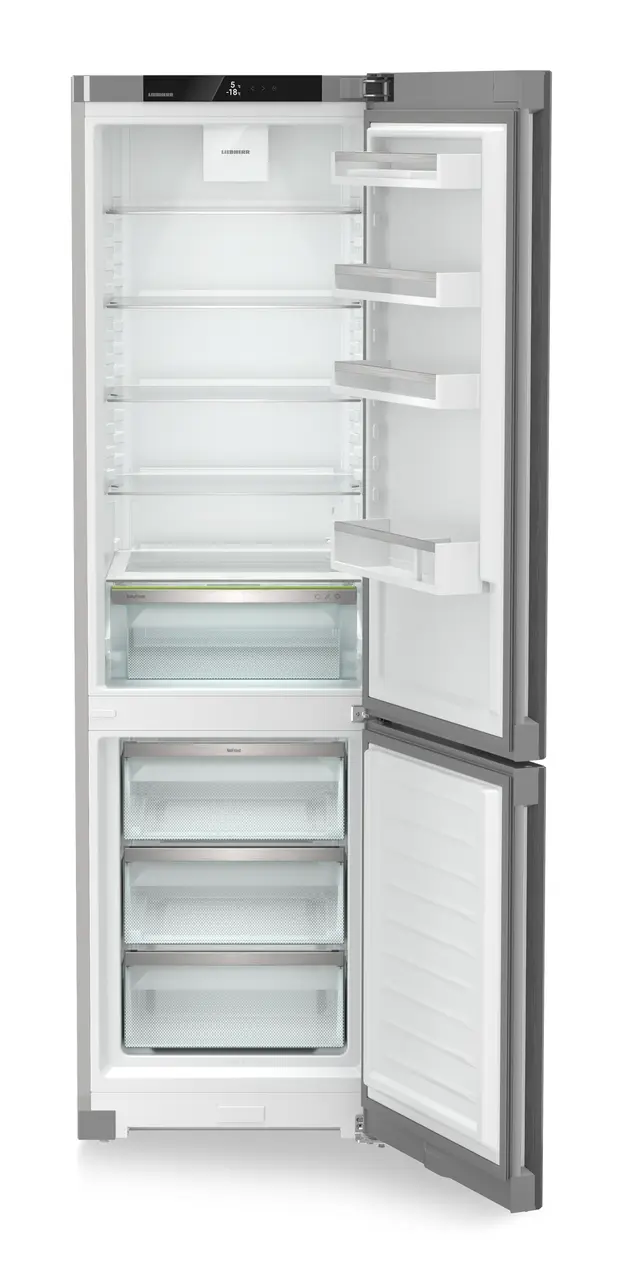 Product image, Perspective: straight open empty, Combined fridge-freezers with EasyFresh and NoFrost, Casing colour: silver, Door colour: Steelfinish
