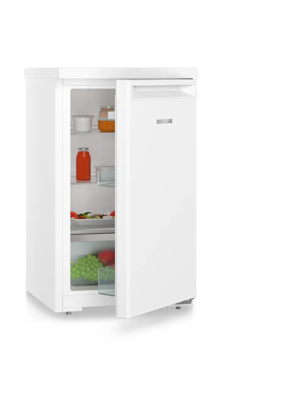 Product image, Perspective: oblique half-open decorated, Table top refrigerator, Casing colour: white, Door colour: white