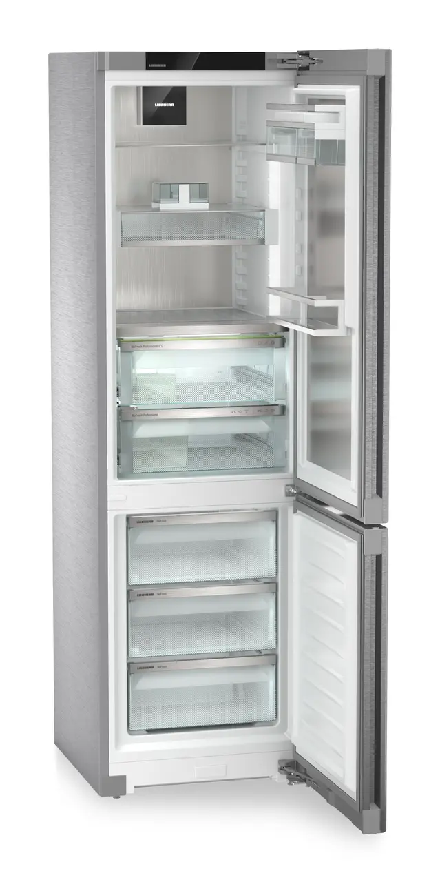 Изображение продукции, Перспектива: Под углом, с открытой дверцей, без продуктов, Комбинация холодильника и морозильника с BioFresh Professional и NoFrost, Цвет корпуса: нержавеющая сталь, Цвет дверцы: нержавеющая сталь