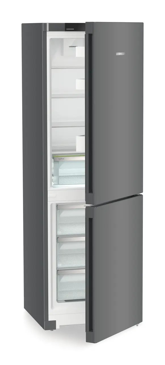 Product image, Perspective: oblique half-open empty, Combined fridge-freezers with EasyFresh and NoFrost, Casing colour: DarkGrey, Door colour: DarkGrey