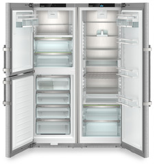 Product image, Perspective: straight open empty, Side-by-Side combination, Casing colour: silver, Door colour: stainless steel