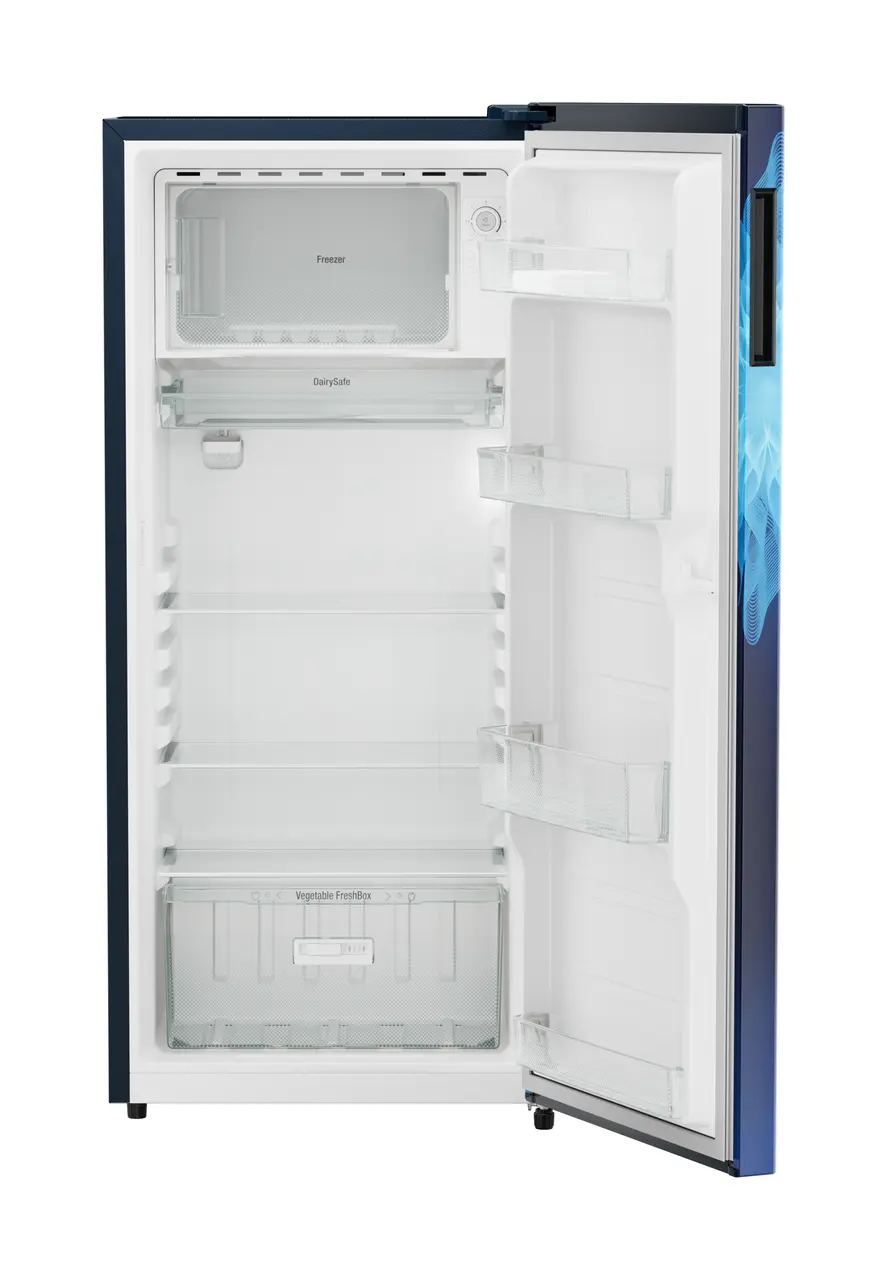 Product image, Perspective: straight open empty, Single-door fridge 186 l in 3 star with VegFresh box, Casing colour: blue, Door colour: Blue Mystiq