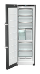 Produkt-Bild, Perspektive: gerade offen leer, Standgefrierschrank mit NoFrost, Gehäusefarbe: BlackSteel, Türfarbe: BlackSteel