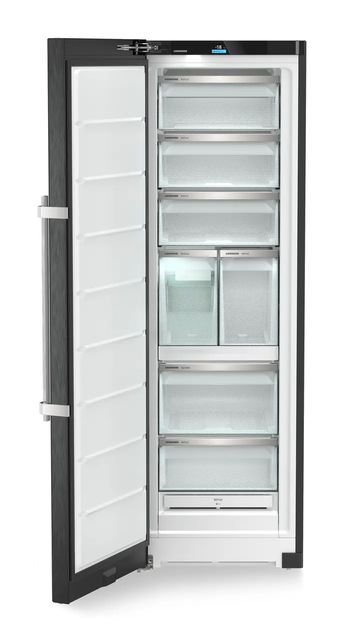 Produkt-Bild, Perspektive: gerade offen leer, Standgefrierschrank mit NoFrost, Gehäusefarbe: BlackSteel, Türfarbe: BlackSteel