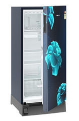 Product image, Perspective: oblique half-open empty, Single-door fridge 191 l in 2 star with foot pedal base drawer, Casing colour: blue, Door colour: Blue Divine