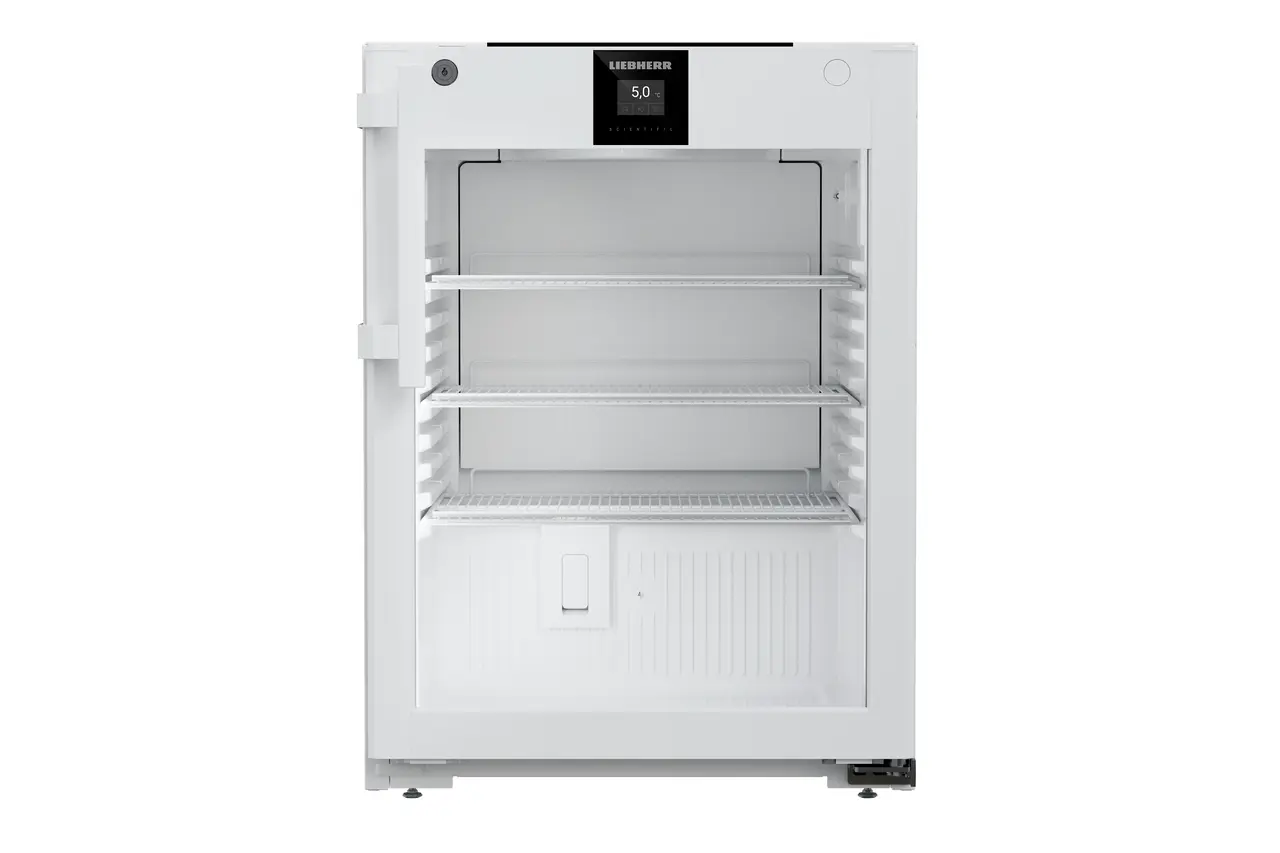Produkt-Bild, Perspektive: gerade geschlossen leer, Laborkühlgerät mit Umluftkühlung, Gehäusefarbe: Weiß, Türfarbe: Weiß