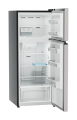 Product image, Perspective: oblique open empty, Fridge-freezer with NoFrost, Casing colour: grey, Door colour: Stainless Steel