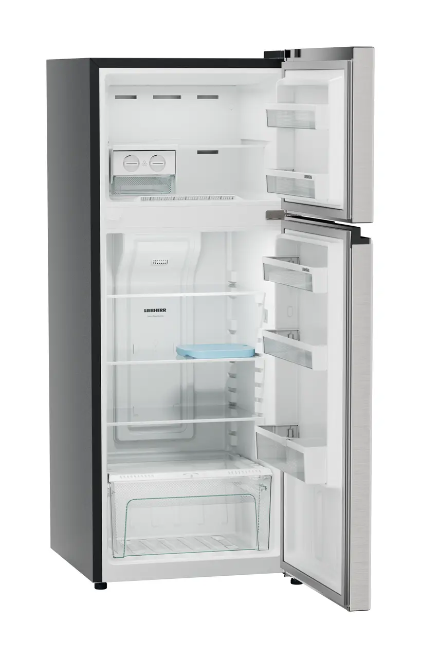 Product image, Perspective: oblique open empty, Fridge-freezer with NoFrost, Casing colour: grey, Door colour: Stainless Steel