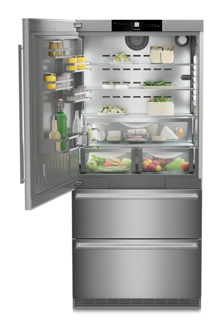 Product image, Perspective: straight open decorated, Fridge-freezer with NoFrost, Casing colour: stainless steel, Door colour: stainless steel