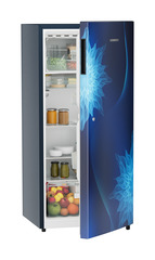 Product image, Perspective: oblique half-open decorated, Single-door refrigerator 202 l in 5 star with inverter compressor, Casing colour: blue, Door colour: Blue Mystiq