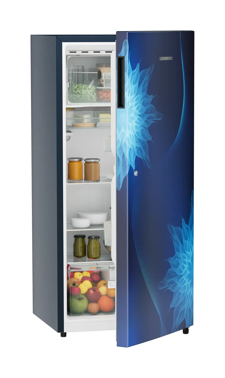 Product image, Perspective: oblique half-open decorated, Single-door refrigerator 202 l in 5 star with inverter compressor, Casing colour: blue, Door colour: Blue Mystiq