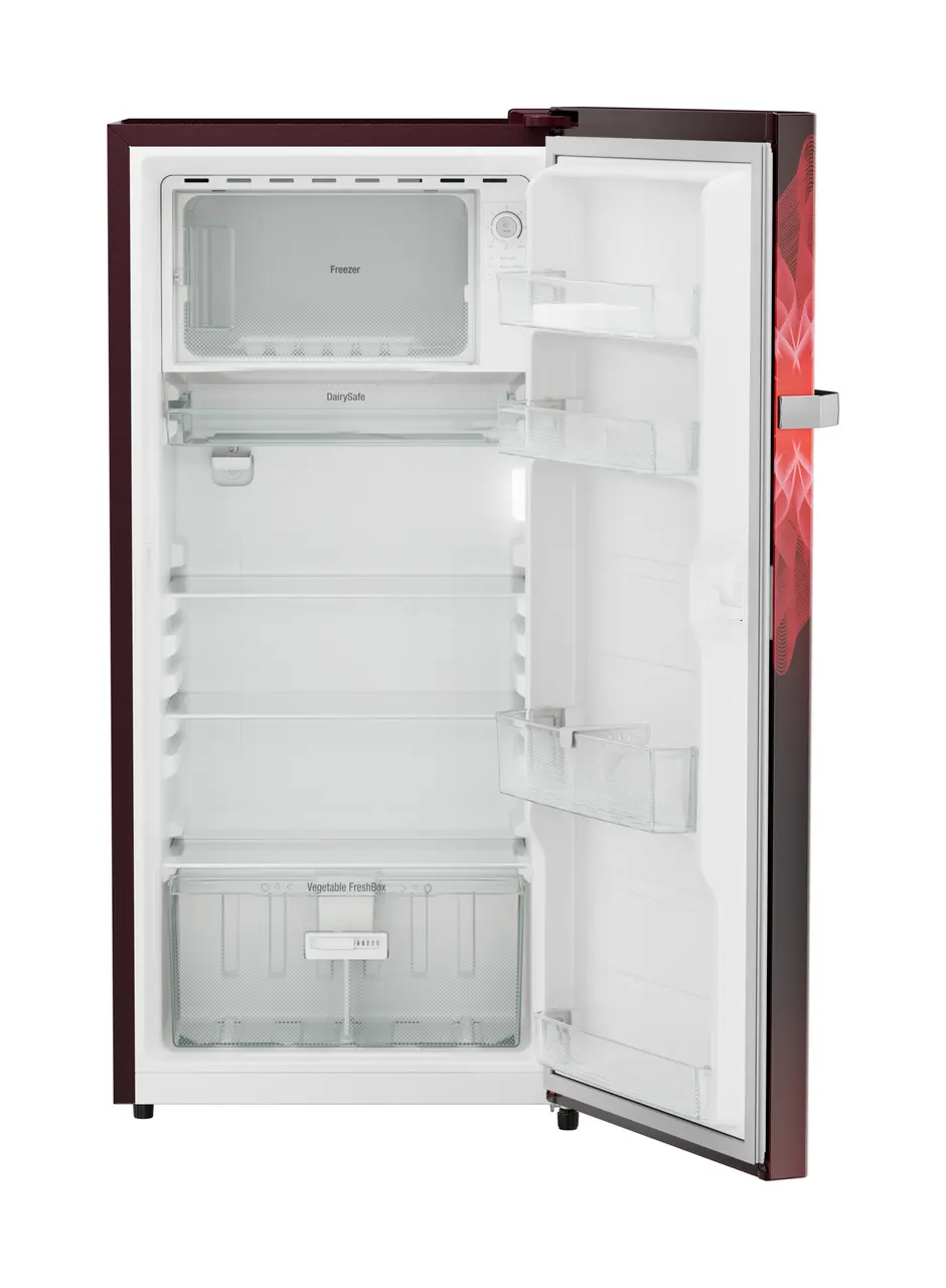 Product image, Perspective: straight open empty, Single-door refrigerator 191 l in 3 star and horizontal handle, Casing colour: red, Door colour: Red Mystiq