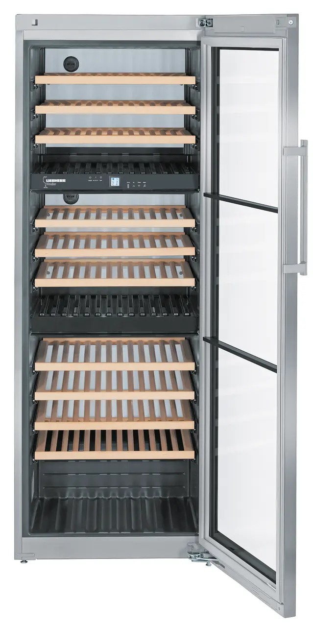 Produkt-Bild, Perspektive: gerade offen leer, Weintemperierschrank, Gehäusefarbe: Edelstahl, Türfarbe: Silver