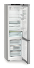 Product image, Perspective: oblique open empty, Combined fridge-freezers with EasyFresh and NoFrost, Casing colour: silver, Door colour: GlassBlack