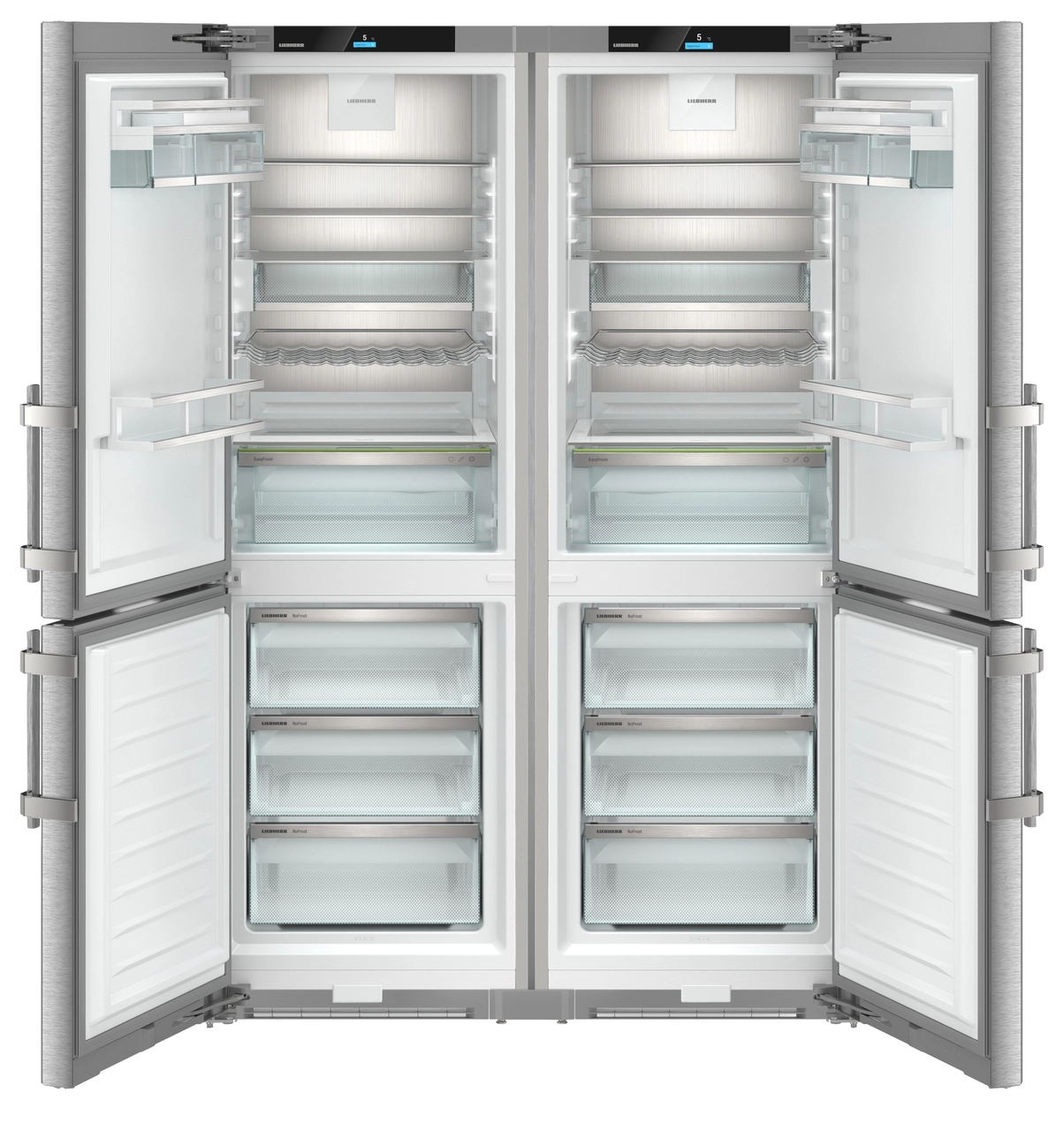 Product image, Perspective: straight open empty, Side-by-Side combination, Casing colour: silver, Door colour: stainless steel