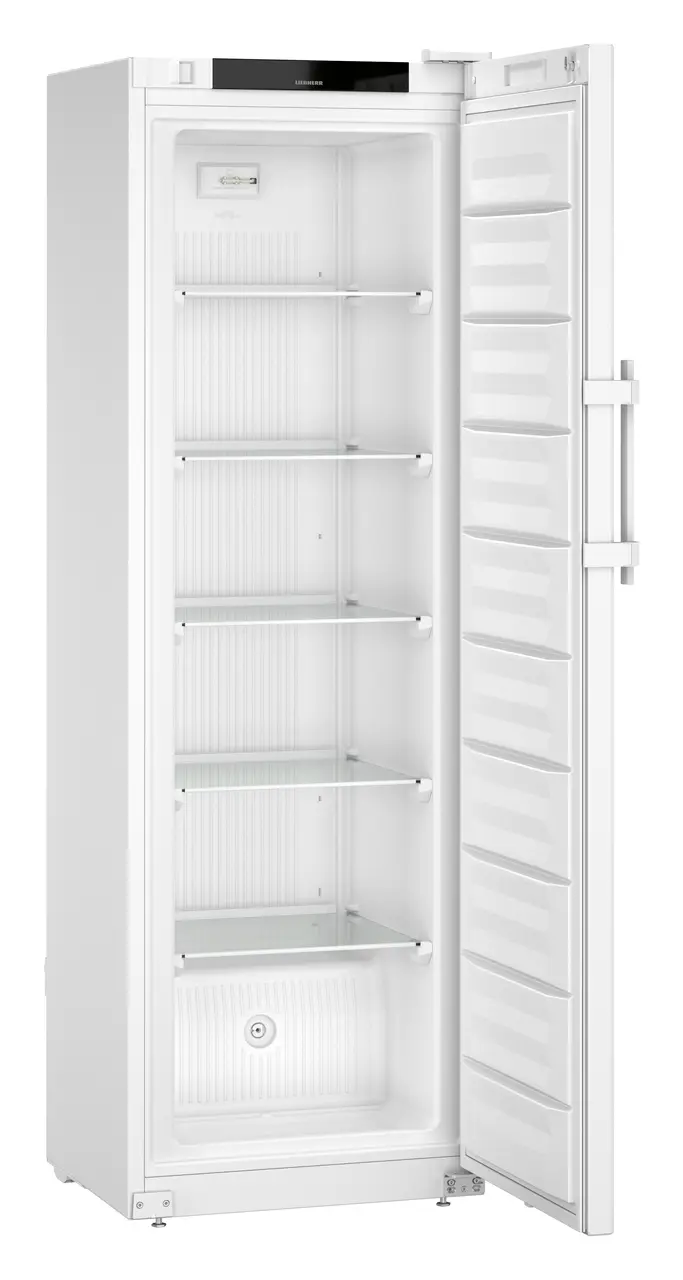 Produkt-Bild, Perspektive: schräg offen leer, Laborgefriergerät mit zündquellenfreiem Innenraum, Gehäusefarbe: Weiß, Türfarbe: Weiß