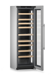 Product image, Perspective: oblique open empty, Multi-temperature wine cabinet, Casing colour: silver, Door colour: stainless steel