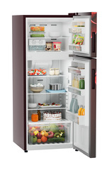 Product image, Perspective: oblique open decorated, Fridge-freezer with NoFrost, Casing colour: red, Door colour: Red Divine