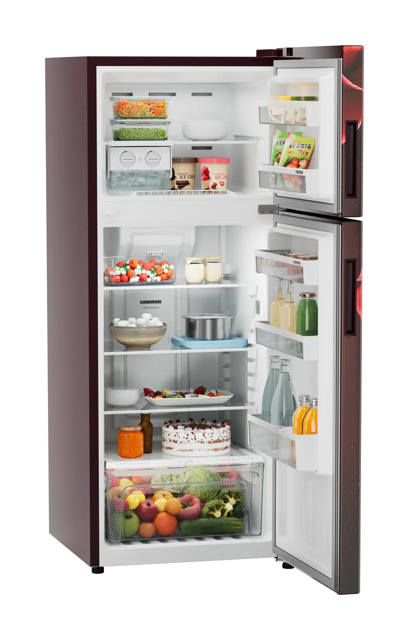 Product image, Perspective: oblique open decorated, Fridge-freezer with NoFrost, Casing colour: red, Door colour: Red Divine