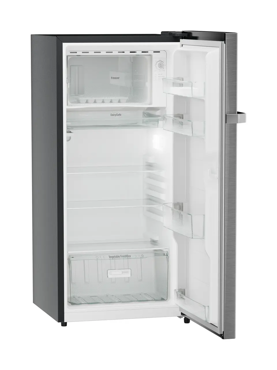Product image, Perspective: oblique open empty, Single-door fridge, 191 l in 2 star and horizontal handle, Casing colour: grey, Door colour: Silver Steel