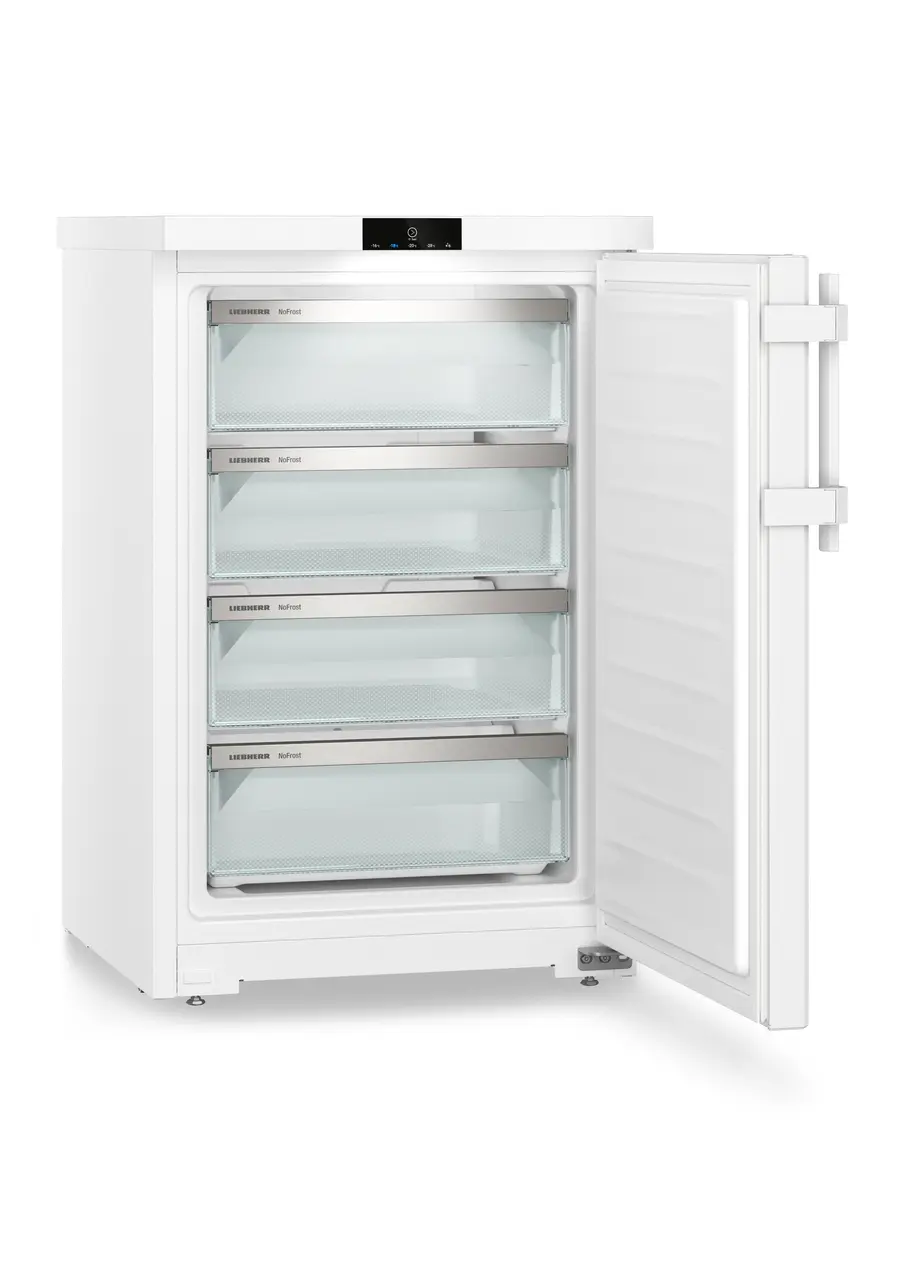 Изображение продукции, Перспектива: Под углом, с открытой дверцей, без продуктов, Малогабаритная морозильная камера с системой NoFrost, Цвет корпуса: белый, Цвет дверцы: белый