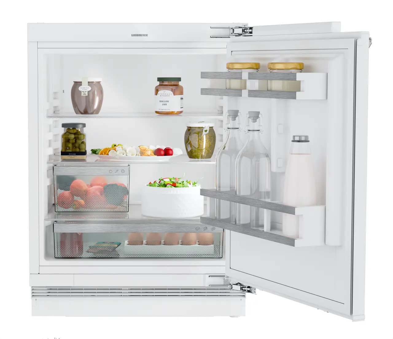 Product image, Perspective: straight open decorated, Refrigerator suitable for undercounter installation