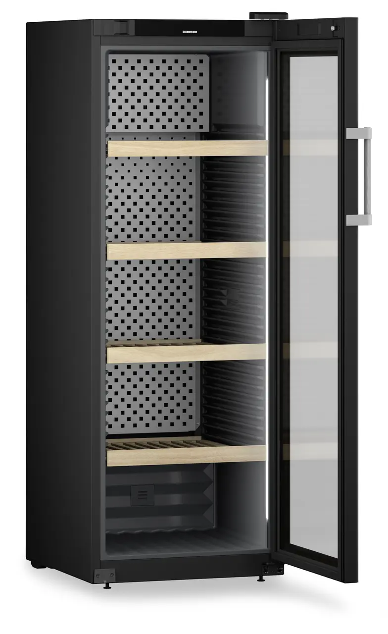 Termékkép, Perspektíva: Ferde nyitott üres, Bortároló szekrény, Készülékház színe: fekete, Ajtó színe: fekete