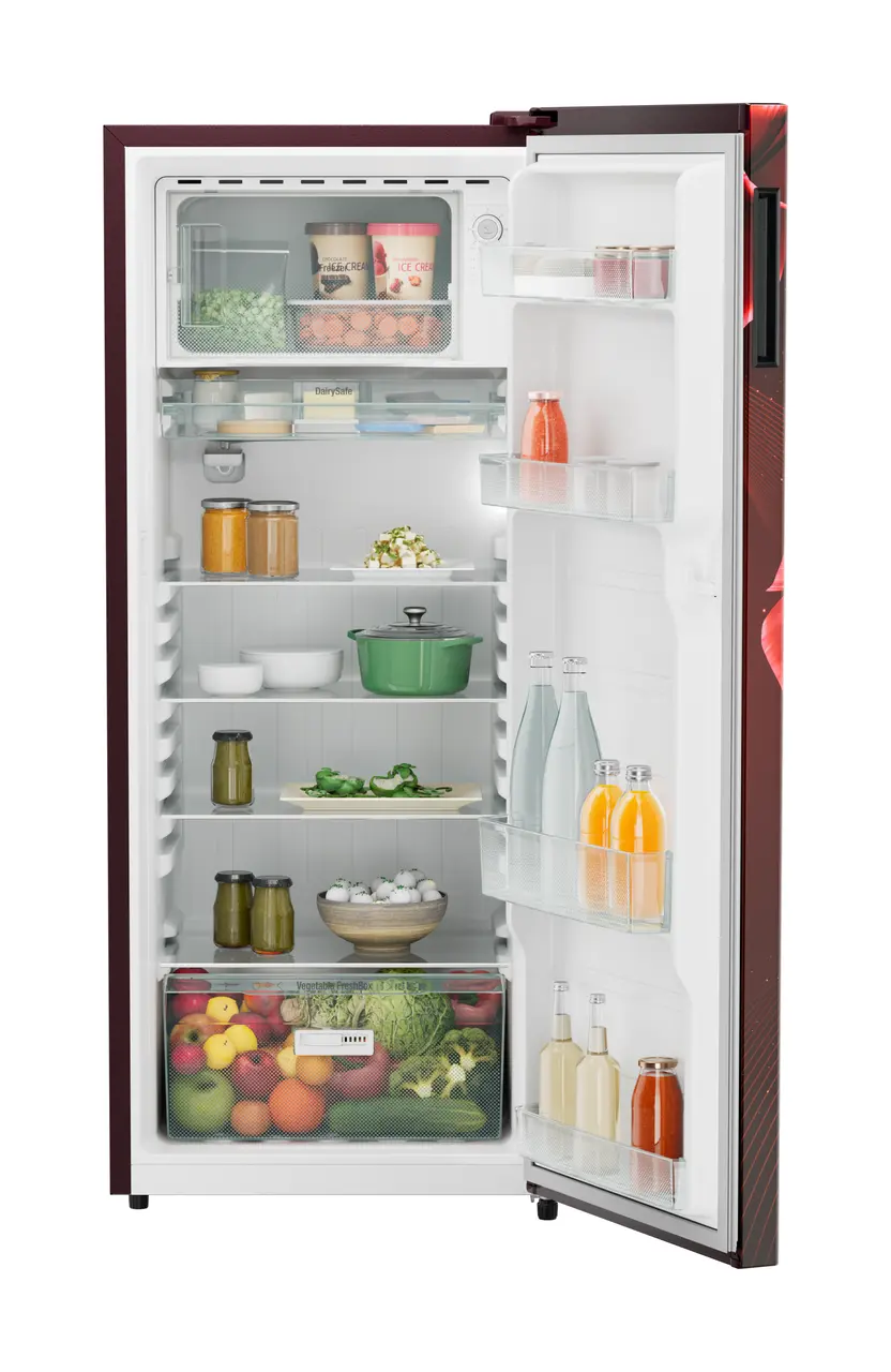 Product image, Perspective: straight open decorated, Single-door refrigerator 222 l in 3 star with VegFresh box, Casing colour: red, Door colour: Red Divine