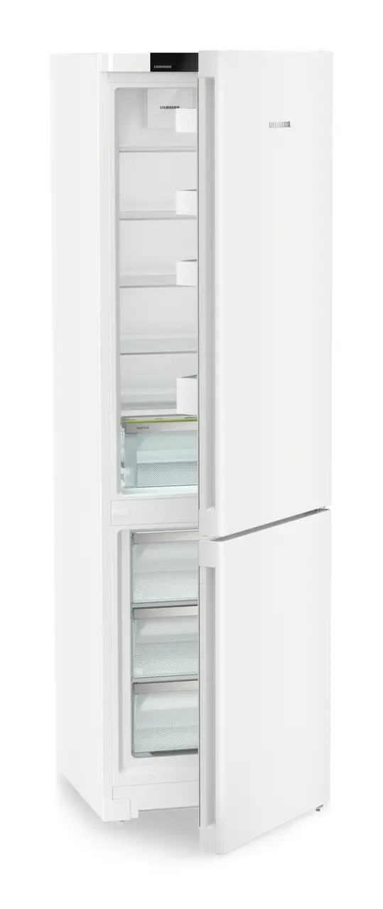 Product image, Perspective: oblique half-open empty, Combined fridge-freezers with EasyFresh and NoFrost, Casing colour: white, Door colour: white