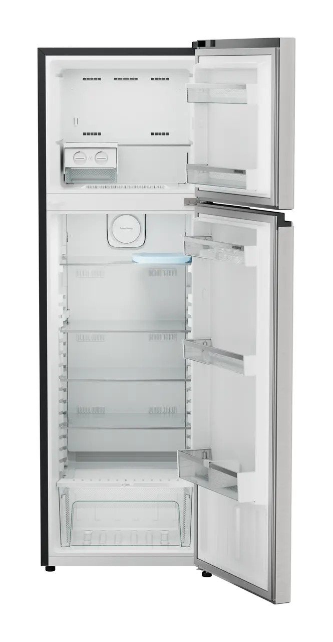 Product image, Perspective: straight open empty, Fridge-freezer with NoFrost, Casing colour: grey, Door colour: Stainless Steel
